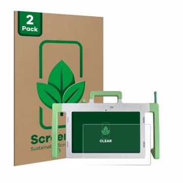 Front side of a product packaging with the brand logo ScreenLeaf. Next to it is the device Telemarie Tablet 10.1