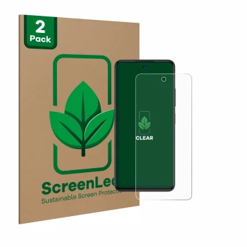 Front side of a product packaging with the brand logo ScreenLeaf. Next to it is the device ZTE Blade A75 4G shown with the cor