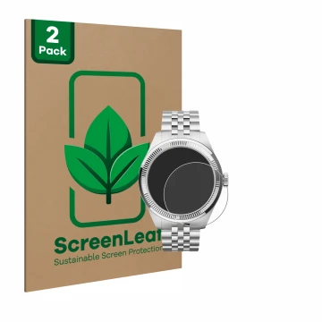 Front side of a product packaging with the brand logo ScreenLeaf. Next to it is the device Withings ScanWatch Nova Brilliant (