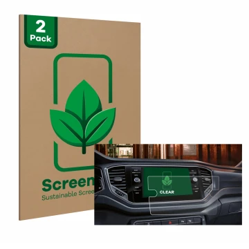 Front side of a product packaging with the brand logo ScreenLeaf. Next to it is the device Volkswagen Touran 2.0 Discover Medi