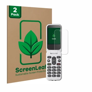 Front side of a product packaging with the brand logo ScreenLeaf. Next to it is the device Doro 2820 shown with the correspond