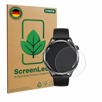 Front side of a product packaging with the brand logo ScreenLeaf. Next to it is the device Xiaomi Watch S4 (47 mm) shown with 