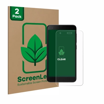 Front side of a product packaging with the brand logo ScreenLeaf. Next to it is the device ZTE Blade A35 lite shown with the c