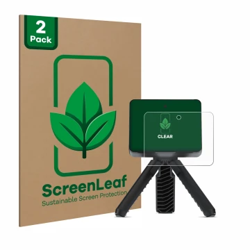 Front side of a product packaging with the brand logo ScreenLeaf. Next to it is the device Garmin Approach R10 shown with the 