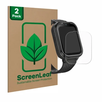 Front side of a product packaging with the brand logo ScreenLeaf. Next to it is the device RAYOFI Kids Smartwatch shown with t
