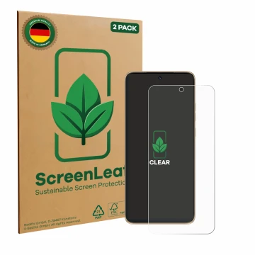 Front side of a product packaging with the brand logo ScreenLeaf. Next to it is the device Motorola Edge 50 Neo shown with the