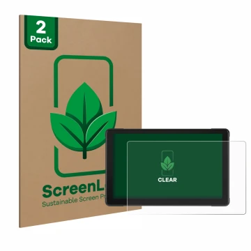 Front side of a product packaging with the brand logo ScreenLeaf. Next to it is the device Podofo Motorrad Carplay 7