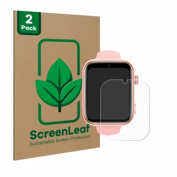 Front side of a product packaging with the brand logo ScreenLeaf. Next to it is the device Akumaka 4G Kids Smartwatch shown wi