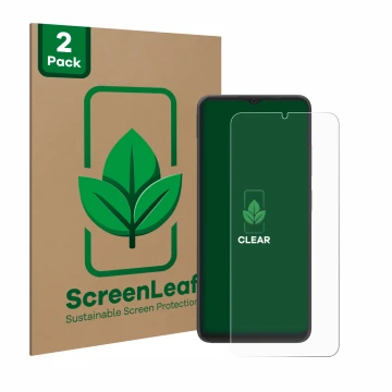 Front side of a product packaging with the brand logo ScreenLeaf. Next to it is the device Blackview Wave 8 shown with the cor