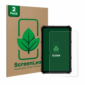 Front side of a product packaging with the brand logo ScreenLeaf. Next to it is the device Ulefone Armor Pad 4 Ultra shown wit
