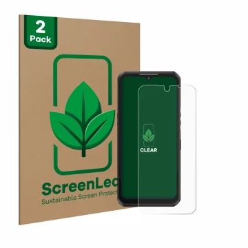 Front side of a product packaging with the brand logo ScreenLeaf. Next to it is the device Oukitel WP39 shown with the corresp