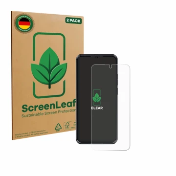 Front side of a product packaging with the brand logo ScreenLeaf. Next to it is the device Oukitel WP52 shown with the corresp