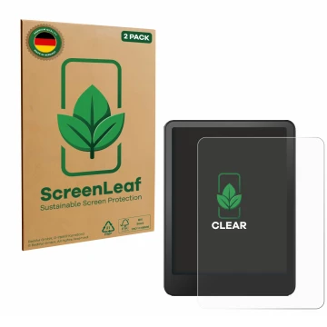 Front side of a product packaging with the brand logo ScreenLeaf. Next to it is the device Amazon Kindle Paperwhite 2024 (12. 