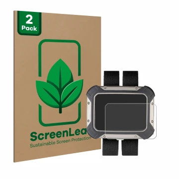 Front side of a product packaging with the brand logo ScreenLeaf. Next to it is the device Apeks DSX shown with the correspond