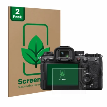 Front side of a product packaging with the brand logo ScreenLeaf. Next to it is the device Sony Alpha 1 II (ILCE1M2B) shown wi