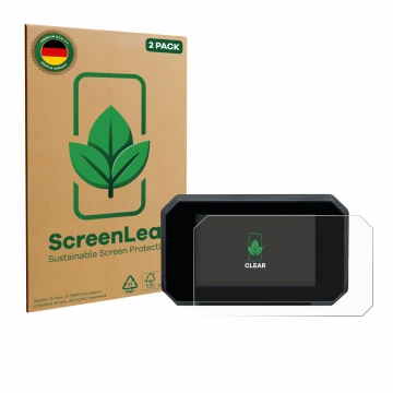 Front side of a product packaging with the brand logo ScreenLeaf. Next to it is the device Suzuki GSX-8S 2024 shown with the c