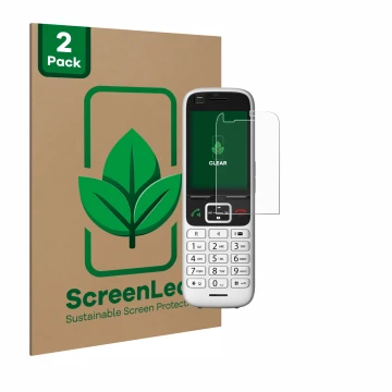 Front side of a product packaging with the brand logo ScreenLeaf. Next to it is the device Unify OpenScape S6 shown with the c