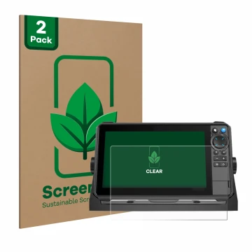 Front side of a product packaging with the brand logo ScreenLeaf. Next to it is the device Lowrance HDS-9 Pro shown with the c