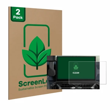 Front side of a product packaging with the brand logo ScreenLeaf. Next to it is the device Dacia Duster Infotainment System (2