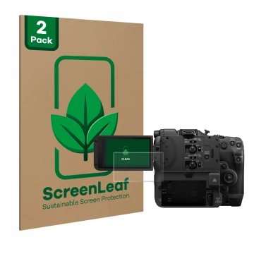 Front side of a product packaging with the brand logo ScreenLeaf. Next to it is the device Canon EOS C400 shown with the corre