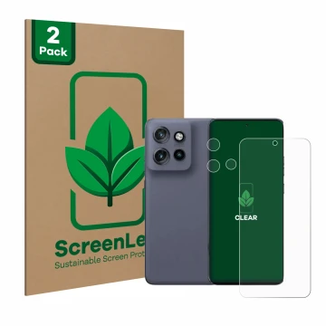 Front side of a product packaging with the brand logo ScreenLeaf. Next to it is the device Motorola Edge 50 Neo (Front+Camera)