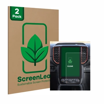 Front side of a product packaging with the brand logo ScreenLeaf. Next to it is the device Ford Ranger XLT (2024) shown with t