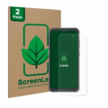 Front side of a product packaging with the brand logo ScreenLeaf. Next to it is the device Blackview BV5200 Pro shown with the