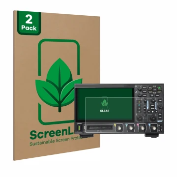 Front side of a product packaging with the brand logo ScreenLeaf. Next to it is the device Rigol DHO914 shown with the corresp
