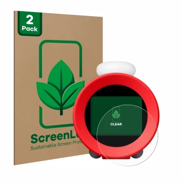 Front side of a product packaging with the brand logo ScreenLeaf. Next to it is the device Nintendo Sound Clock Alarmo shown w