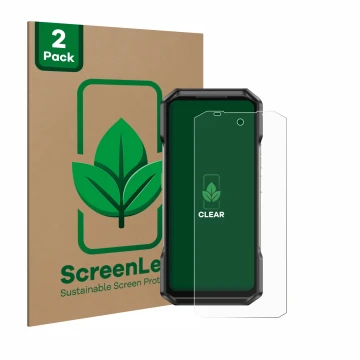 Front side of a product packaging with the brand logo ScreenLeaf. Next to it is the device Ulefone Armor 27 shown with the cor