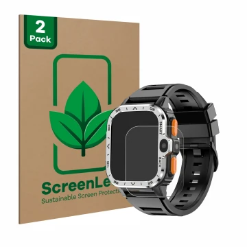 Front side of a product packaging with the brand logo ScreenLeaf. Next to it is the device HS Smartwatch 2