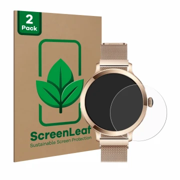 Front side of a product packaging with the brand logo ScreenLeaf. Next to it is the device Bekomiya Smartwatch 1.1