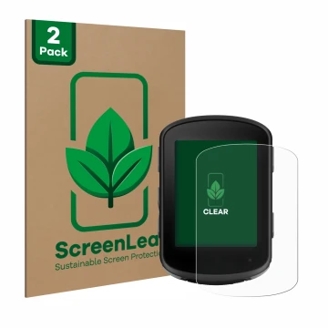 Front side of a product packaging with the brand logo ScreenLeaf. Next to it is the device Garmin Edge 840 Solar shown with th