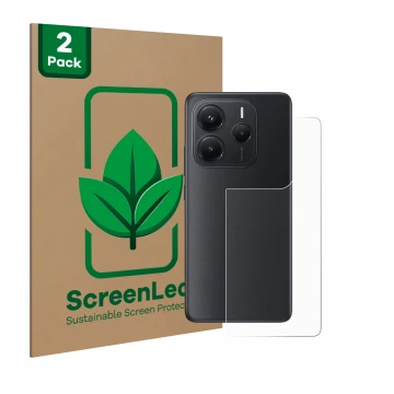 Front side of a product packaging with the brand logo ScreenLeaf. Next to it is the device Xiaomi Redmi Note 14 (Back) shown w