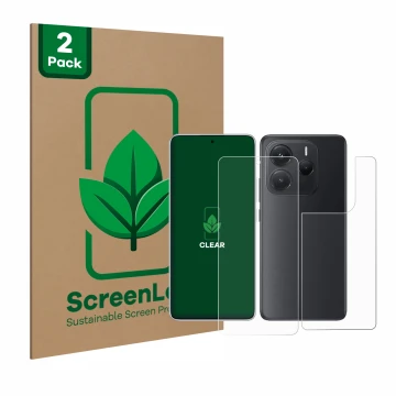 Front side of a product packaging with the brand logo ScreenLeaf. Next to it is the device Xiaomi Redmi Note 14 (Front+Back) s