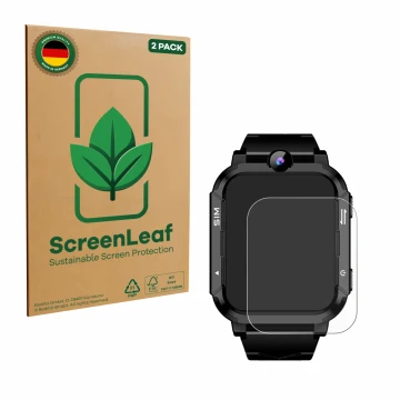 Front side of a product packaging with the brand logo ScreenLeaf. Next to it is the device Blackview Z20 Kids Smartwatch shown