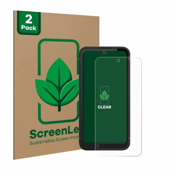 Front side of a product packaging with the brand logo ScreenLeaf. Next to it is the device Volla Phone X23 shown with the corr