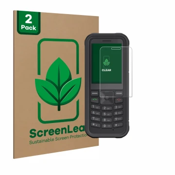 Front side of a product packaging with the brand logo ScreenLeaf. Next to it is the device Sonim XP100 shown with the correspo