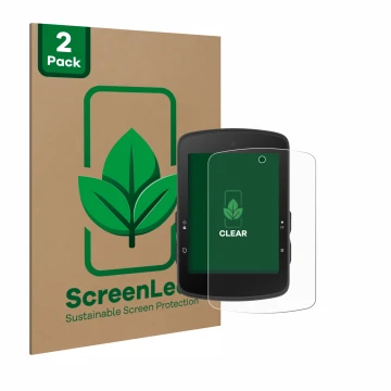 Front side of a product packaging with the brand logo ScreenLeaf. Next to it is the device Bryton Rider S510 shown with the co