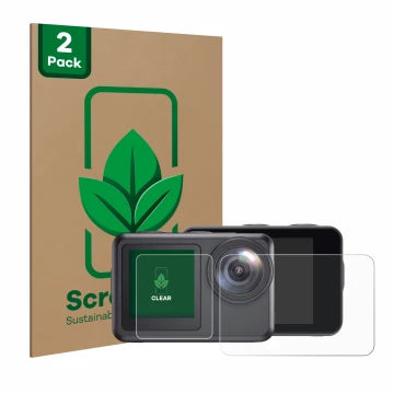 Front side of a product packaging with the brand logo ScreenLeaf. Next to it is the device Akaso Brave 7 LE shown with the cor
