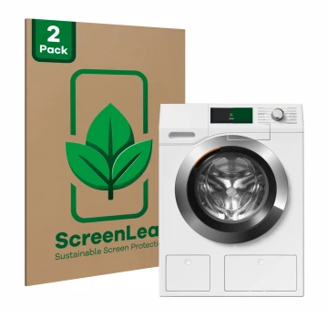 Front side of a product packaging with the brand logo ScreenLeaf. Next to it is the device Miele WEH875 shown with the corresp