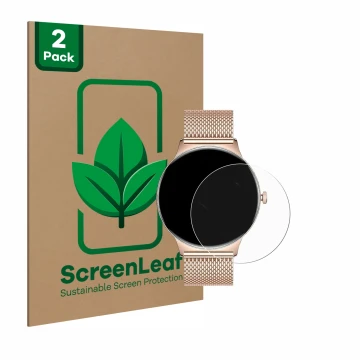 Front side of a product packaging with the brand logo ScreenLeaf. Next to it is the device LIGE FV12 1.43