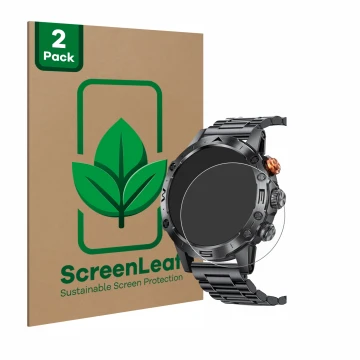 Front side of a product packaging with the brand logo ScreenLeaf. Next to it is the device DekeFit MT43PRO 1.53