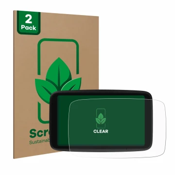 Front side of a product packaging with the brand logo ScreenLeaf. Next to it is the device TomTom GO Advanced shown with the c