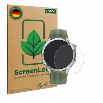 Front side of a product packaging with the brand logo ScreenLeaf. Next to it is the device OnePlus Watch 3 shown with the corr