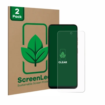 Front side of a product packaging with the brand logo ScreenLeaf. Next to it is the device Motorola Moto G15 shown with the co