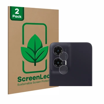 Front side of a product packaging with the brand logo ScreenLeaf. Next to it is the device Motorola Moto G35 (ONLY Camera Lens
