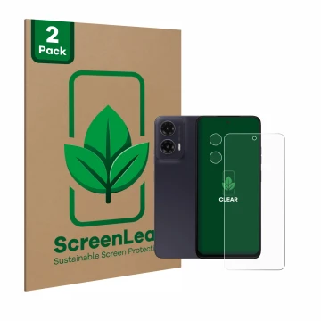 Front side of a product packaging with the brand logo ScreenLeaf. Next to it is the device Motorola Moto G35 (Front+Camera) sh