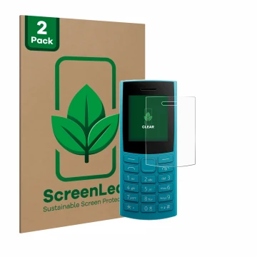 Front side of a product packaging with the brand logo ScreenLeaf. Next to it is the device Nokia 105 4G 2nd Edition shown with