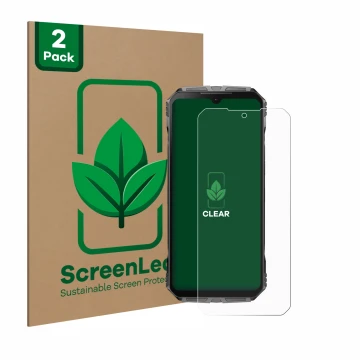 Front side of a product packaging with the brand logo ScreenLeaf. Next to it is the device Doogee S Cyber shown with the corre